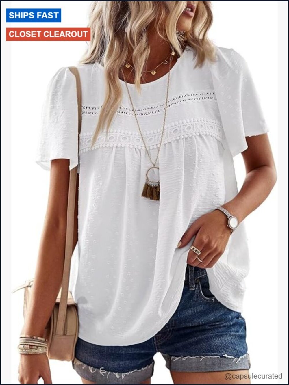 Women's Crewneck Short Sleeve Blouse Lace Hem Boho Chiffon Top